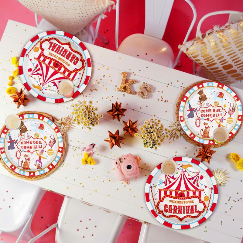 Grencian 96Pcs Carnival Party Decorations Carnival Circus Plates and Napkins Disposable Circus Theme Birthday Paper Tableware Set for Birthday Baby Shower Party Supplies, Serves 24 - Image 5